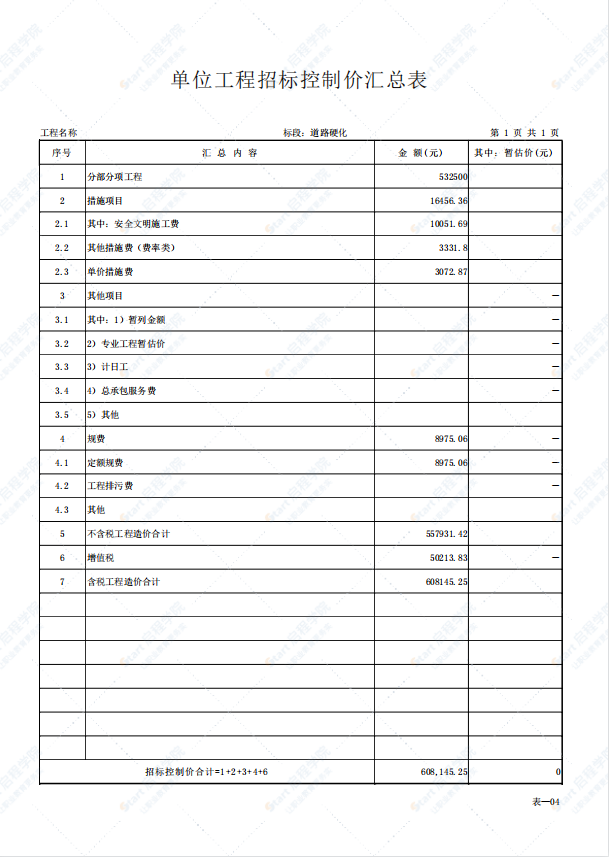 招标控制价汇总变表