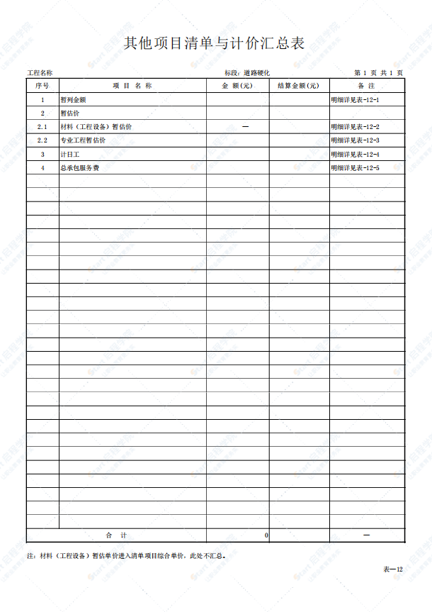 招标控制价汇总变表