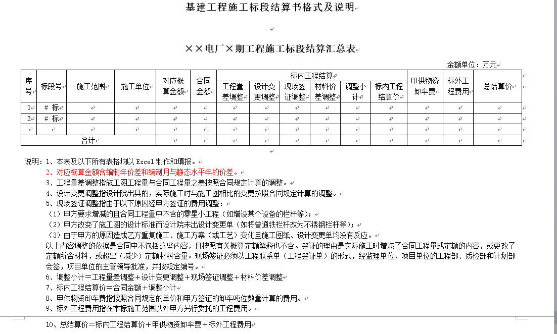 工程结算书格式