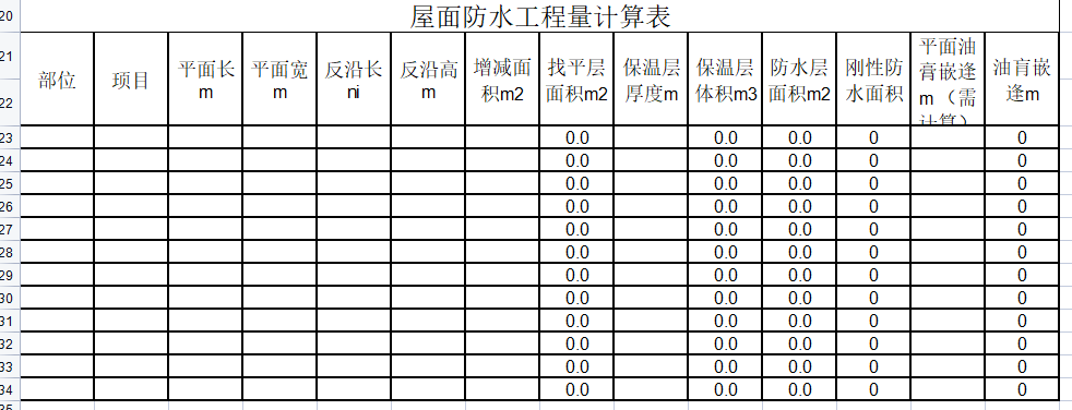 屋面及地面地下室防水工程量计算表