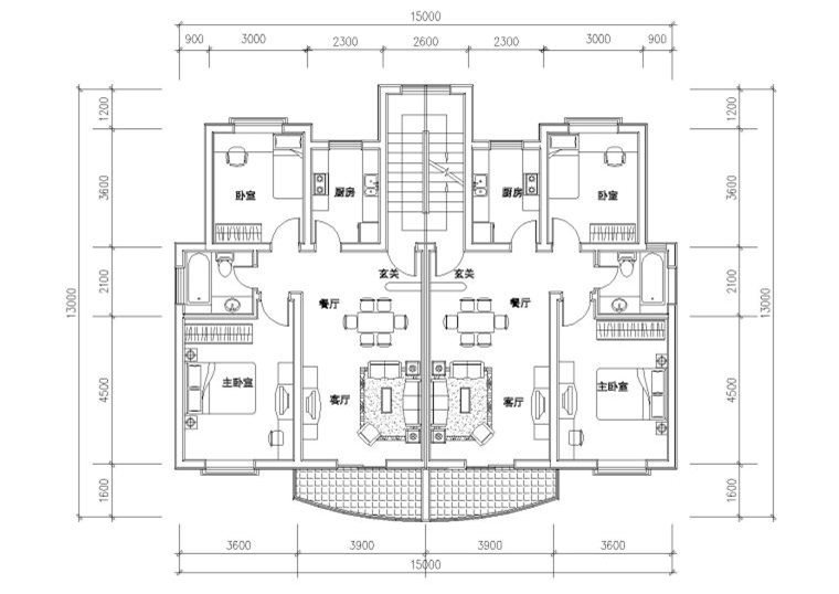 多套高层一梯两户户型平面图（CAD）