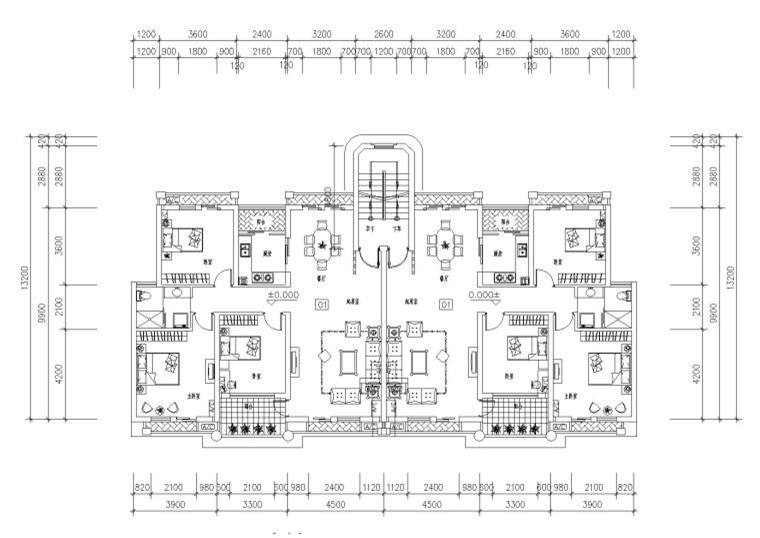 多套高层一梯两户户型平面图（CAD）