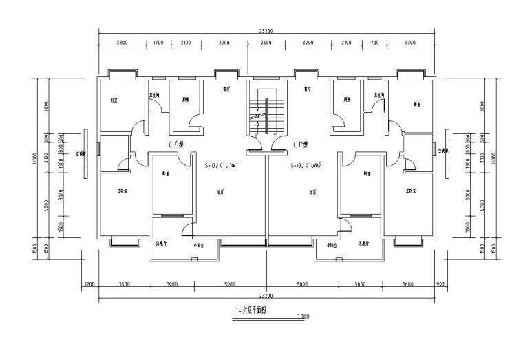 多层一梯两户住宅户型设计图