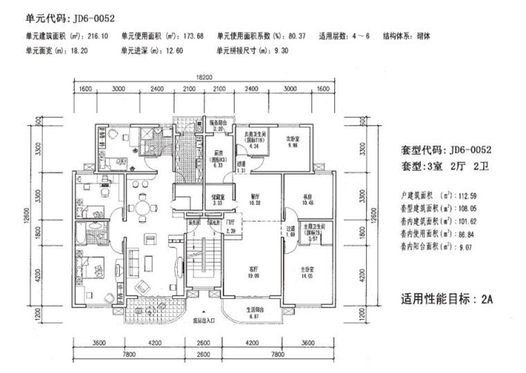 多层（4-7层）平层三室户户型设计图 