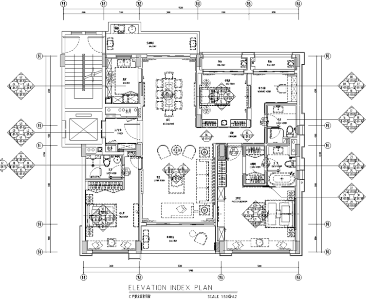 現(xiàn)代中式四居室樣板房室內(nèi)精裝施工圖