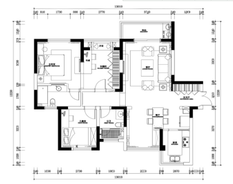 两居室样板房施工图+效果图