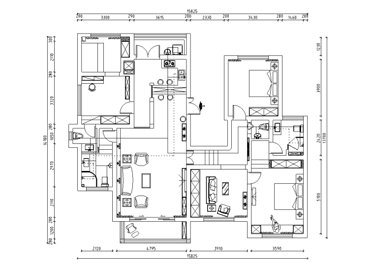 地中海风200㎡4室3厅1厨4卫装修施工图设计