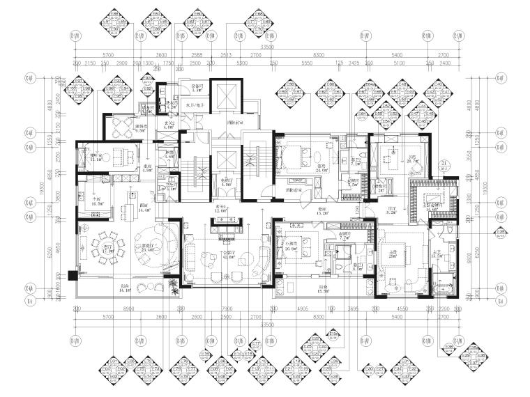 515㎡三居大平层样板间施工图+3D模型