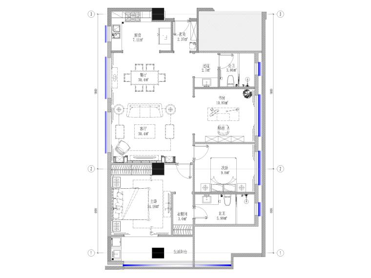 120㎡二居室家装样板间装修施工图