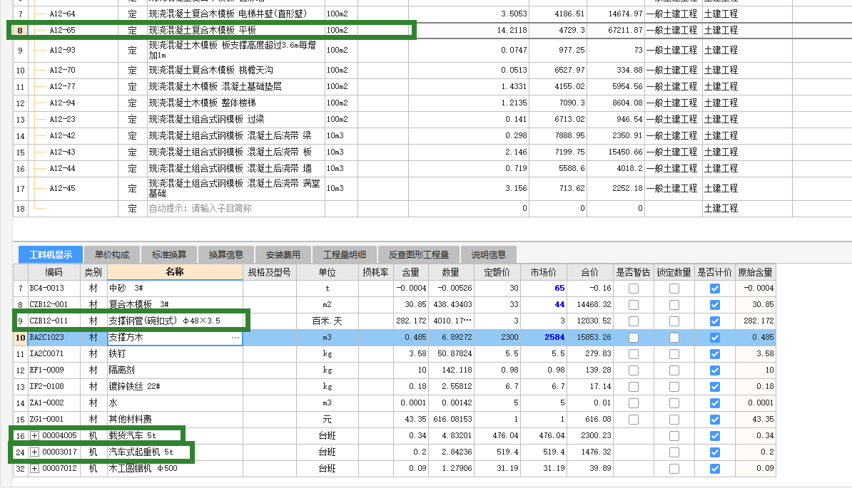 老师好，河北2012定额板的模板里面的：模板支撑架管如何调价？工料机里面16和24 行的机械是用在哪里的？