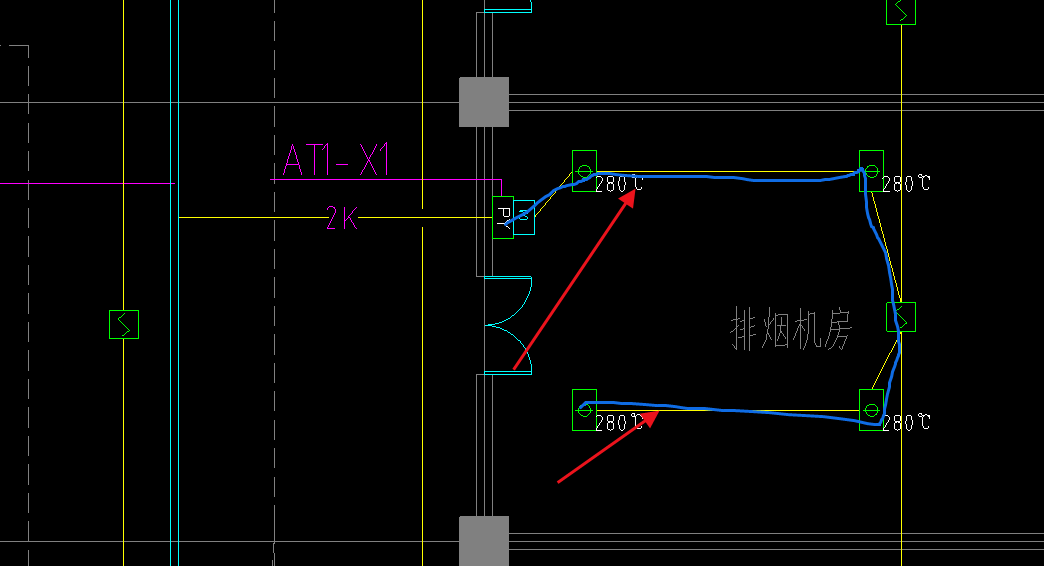 消防控制过来2K（两个控制线到AT1-X1）,AT1-X1通过图1的K1来控制排烟防火阀，是过来一根K1控制四个排烟阀吗，