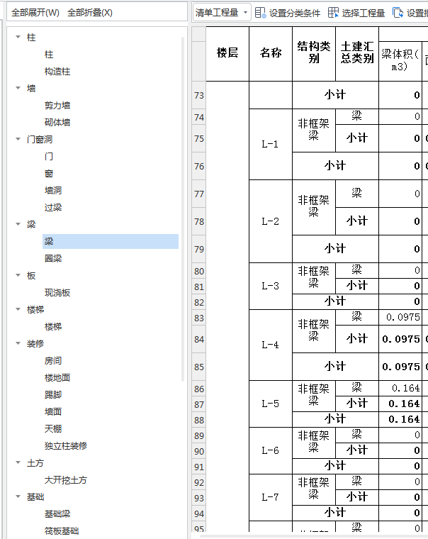 老師,，報表提量的時候，按說有梁板梁的體積是并到板里,，為什么有的梁工程量是0,，但是有的梁工程量非常少，框架梁,，非框架梁都有。,。