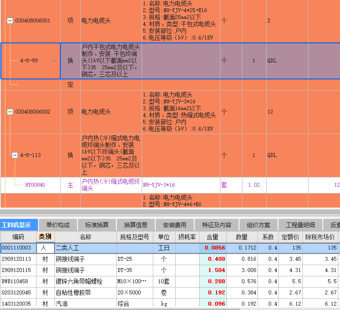 浙江定额：1、电缆头-铜接线端子规格、含量是否要修改？含量修改后再换算？2、双管灯吸顶式是否可以套荧光灯定额？清单是列普通灯具还是荧光灯？3、基础接地极（利用基础主筋）按面积浙江定额怎么套？4、熔断器下面套哪个定额合适？