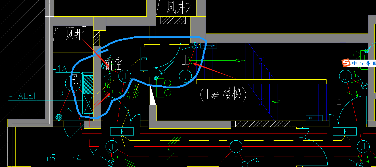 -1ALE1-n1,我畫籃圈這個范圍,，標注上怎么是4根線啊,，