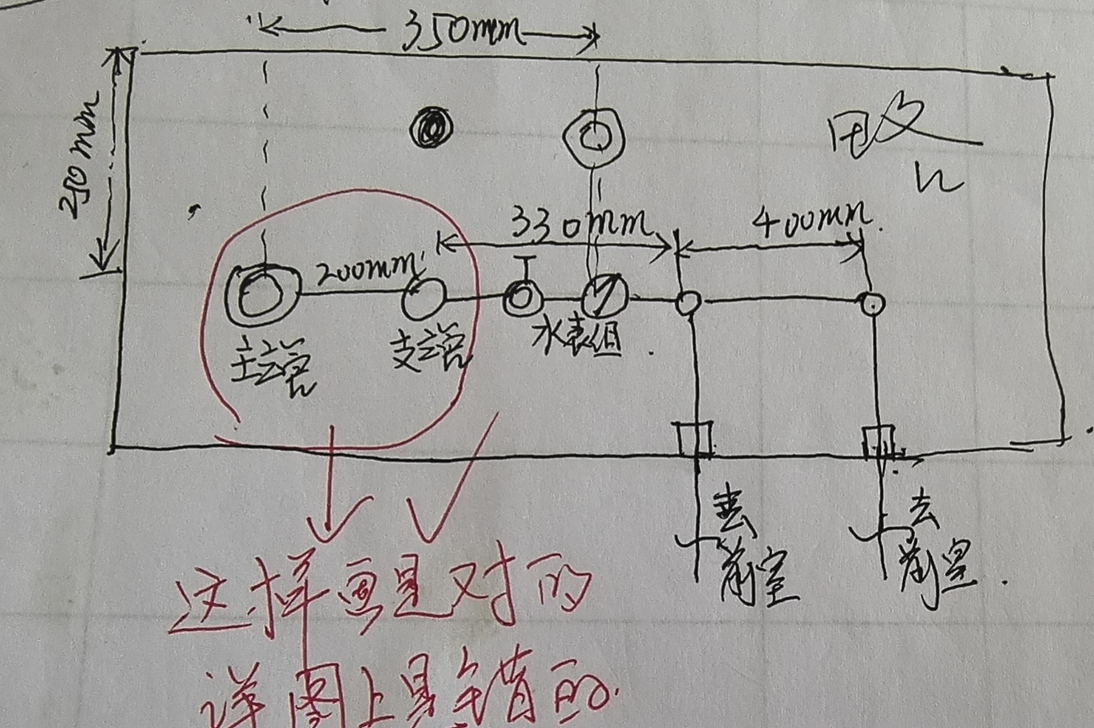 按照图1给水管道系统图纸看，图2管井详图我觉得是有问题的