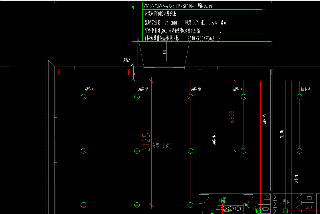 如圖所示,，AWZ-N1和AWZ-N2回路都是WDZ-BYJ-3*4-JDG25-BE/CLE，敷設(shè)方式是先沿柱或跨柱敷設(shè)再沿屋架或跨屋架敷設(shè),，我是否可以理解為,，從配電箱出來(lái)后，從鋼柱上去之后沿屋架往兩邊分別分項(xiàng)N1和N2兩個(gè)回路,？