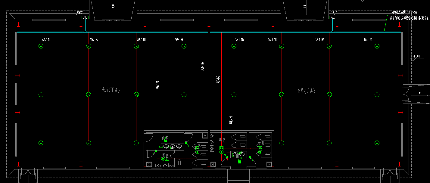 如圖所示,，AWZ-N1和AWZ-N2回路都是WDZ-BYJ-3*4-JDG25-BE/CLE,，敷設(shè)方式是先沿柱或跨柱敷設(shè)再沿屋架或跨屋架敷設(shè)，我是否可以理解為,，從配電箱出來(lái)后,，從鋼柱上去之后沿屋架往兩邊分別分項(xiàng)N1和N2兩個(gè)回路？