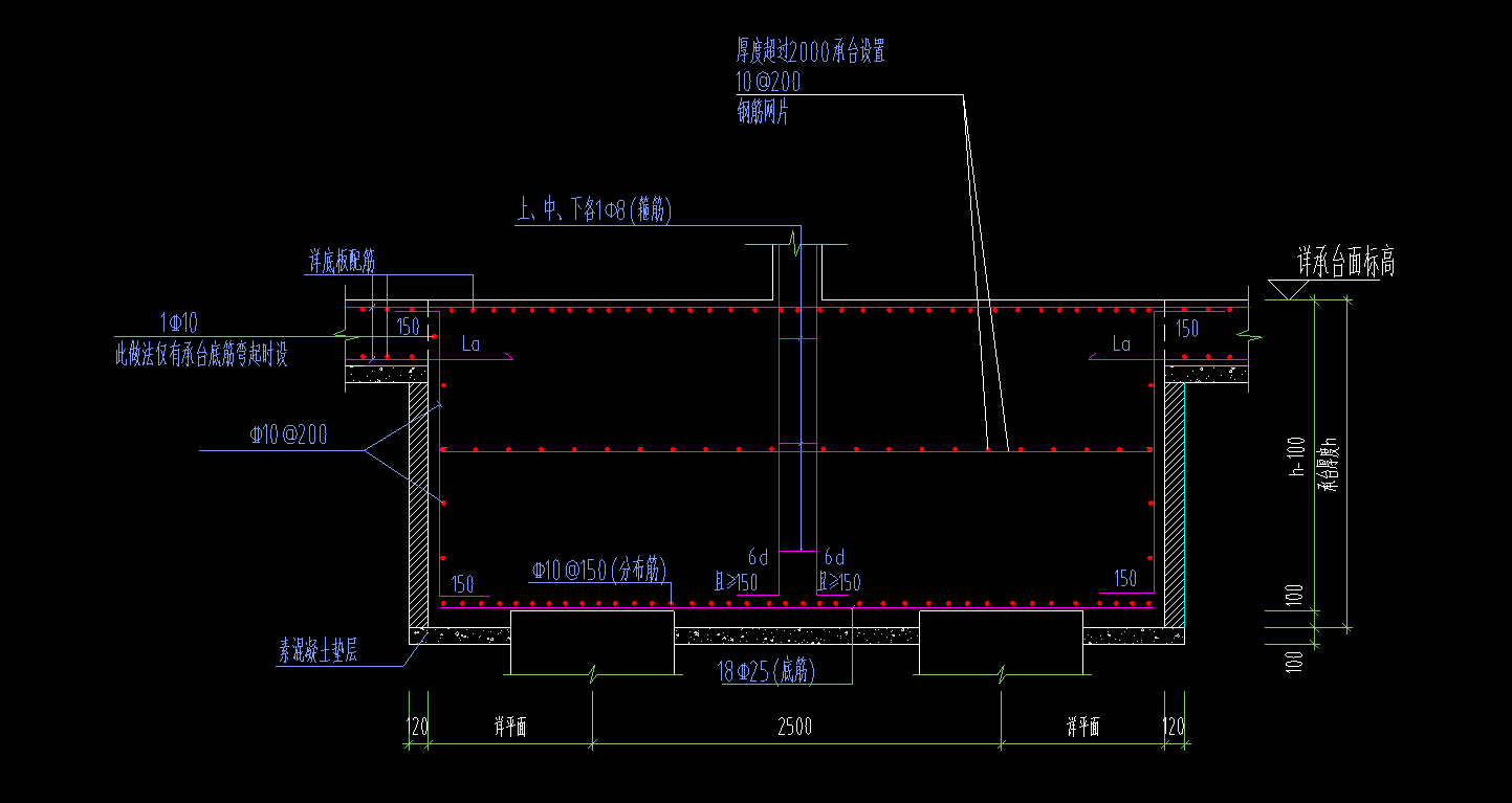 這個承臺上下部鋼筋是不是沒有彎折，側(cè)面鋼筋是不是c10間距200然后要自己算有幾根