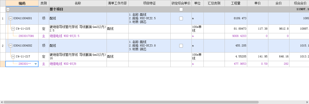 WDZ-BYJ3*2.5和WDZ-BYJ8电线要套什么清单定额
