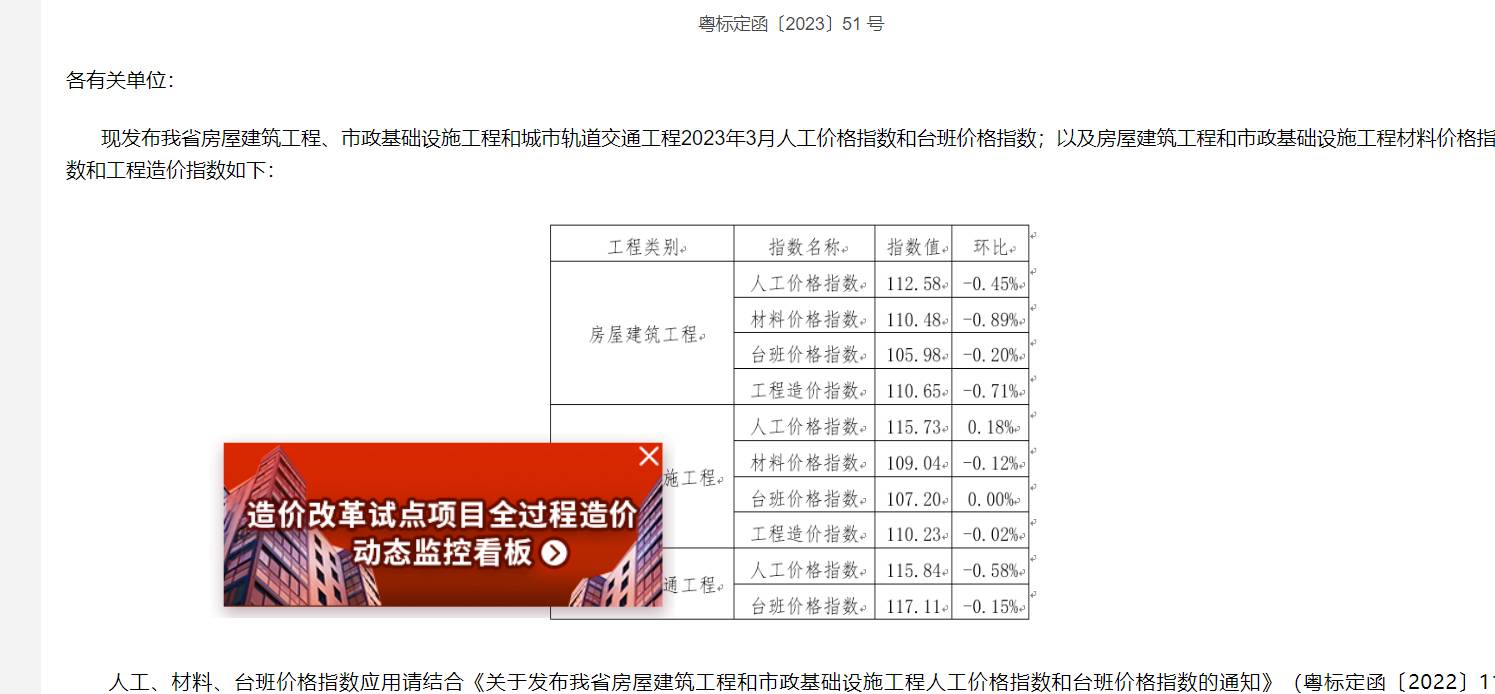 求广东省房屋建筑等工程2021年11和10月价格指数和造价指数的通知