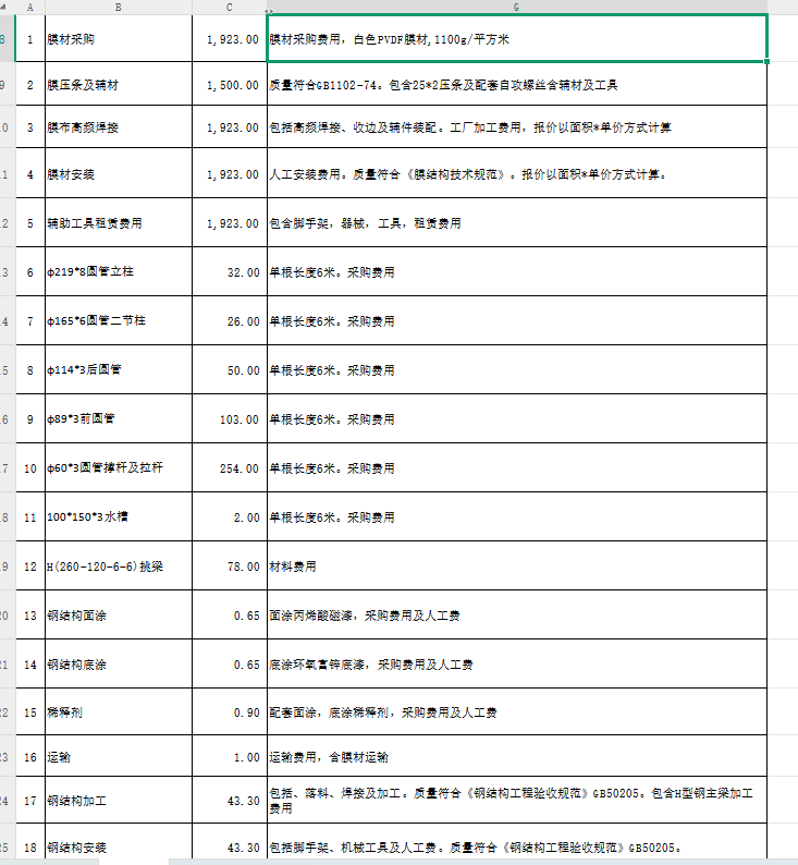 膜结构套价清单