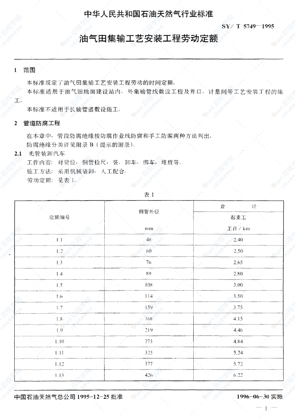 SY-T5749油氣田集輸工藝安裝工程勞動定額