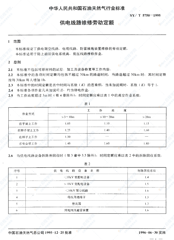 SY-T5750供電線路維修勞動(dòng)定額