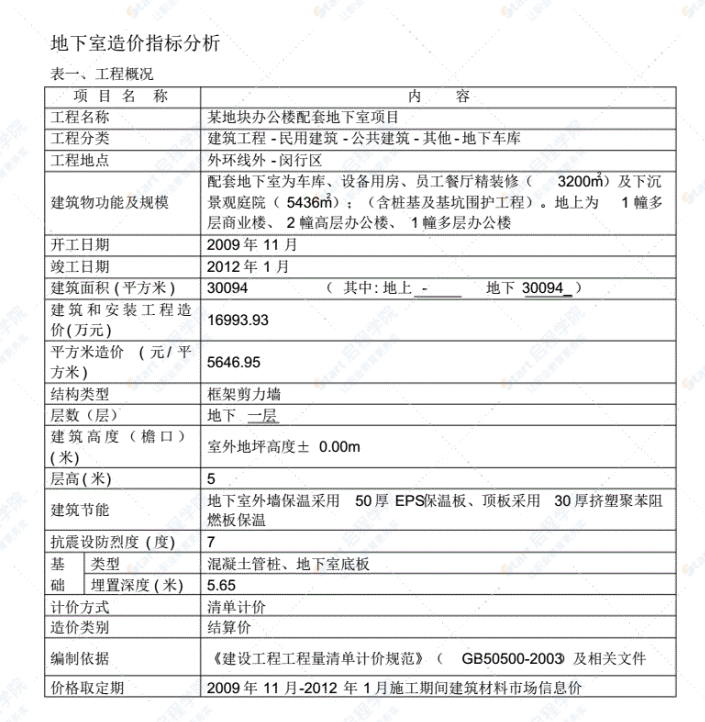 地下室造价指标分析