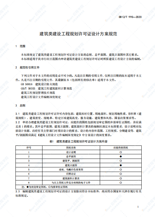 DB12T990-2020建筑类建设工程规划许可证设计方案规范