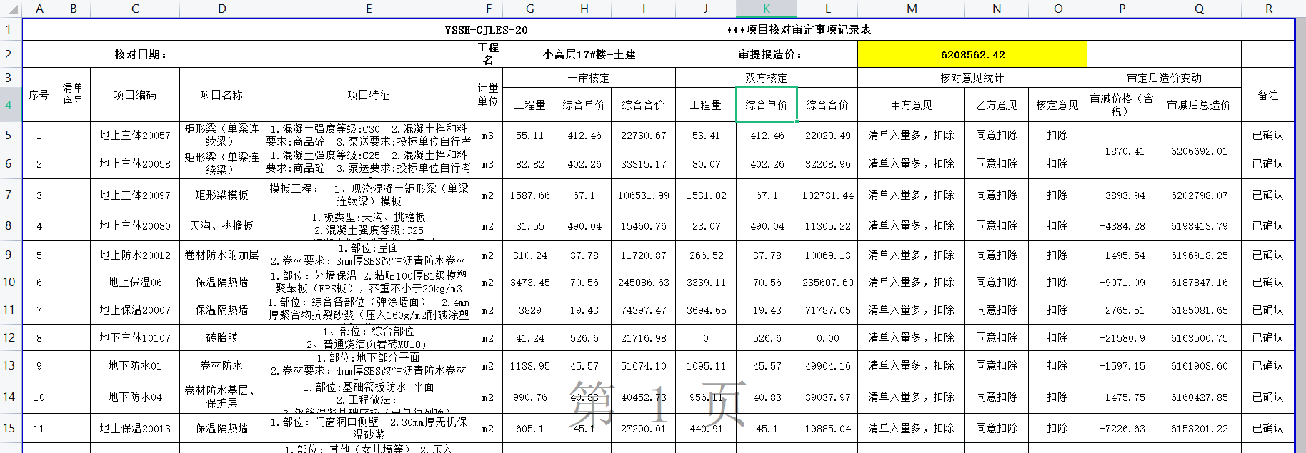 造价员核对审定事项记录表