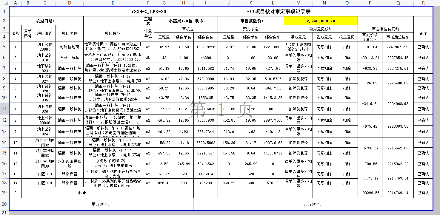 造价员核对审定事项记录表