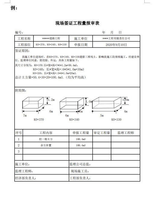 现场签证工程量报审表示例