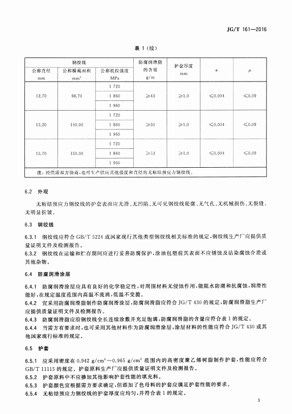 JG/T 161-2016无粘结预应力钢绞线