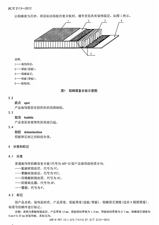 JC/T 2113-2012 普通装饰用铝蜂窝复合板