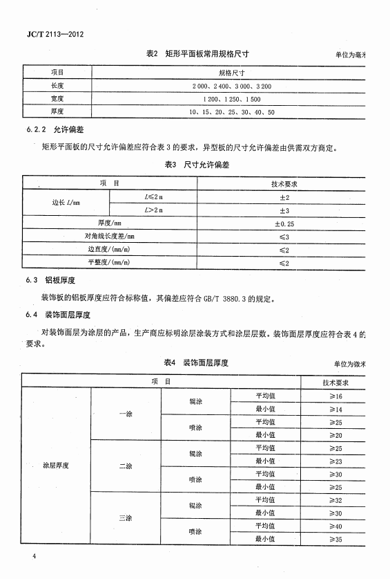JC/T 2113-2012 普通装饰用铝蜂窝复合板