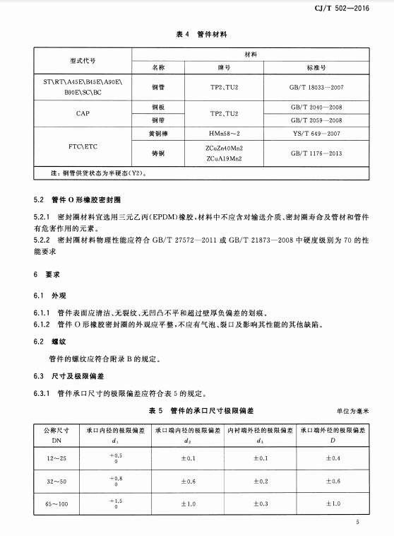 CJ/T-502-2016 卡压式铜管件