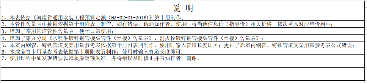 河南2016定额管道管件取定表+管道支架用量参考表+成品管卡含量表