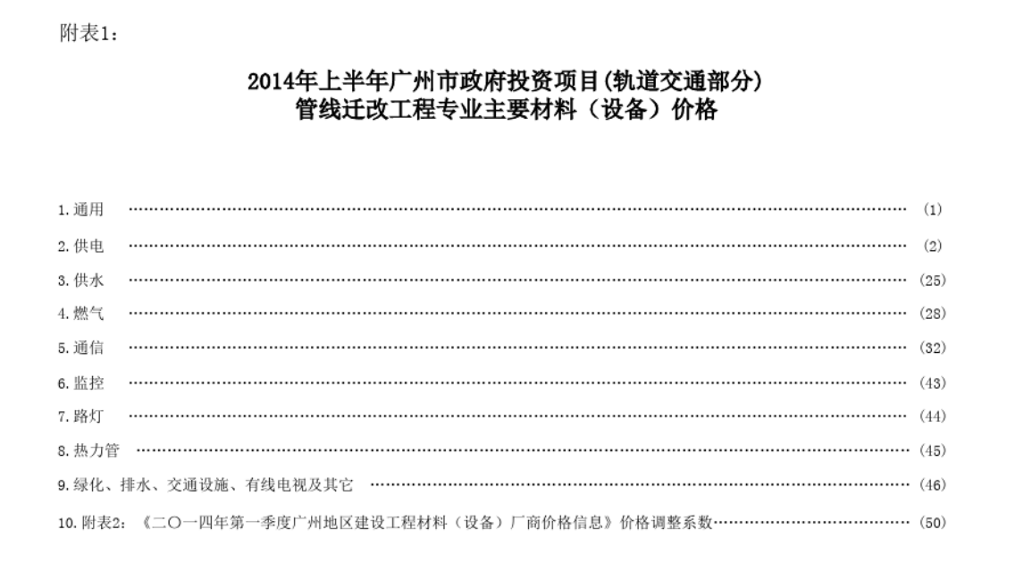 廣州市政府投資項(xiàng)目(軌道交通部分)管線遷改工程主要材料(設(shè)備)價(jià)格