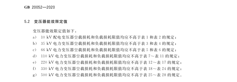 GB 20052-2020 电力变压器能效限定值及能效等级