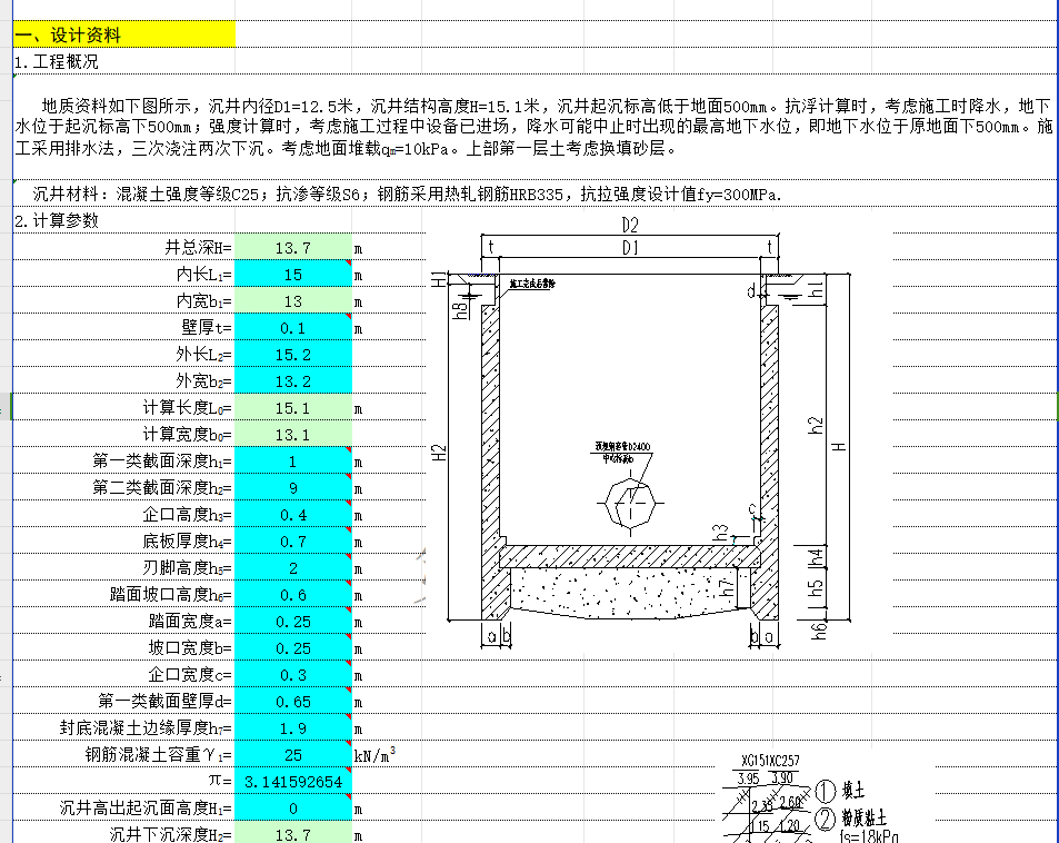 矩形沉井计算表格