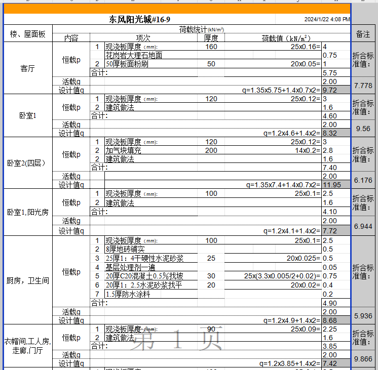 荷載統(tǒng)計(jì)電子表格