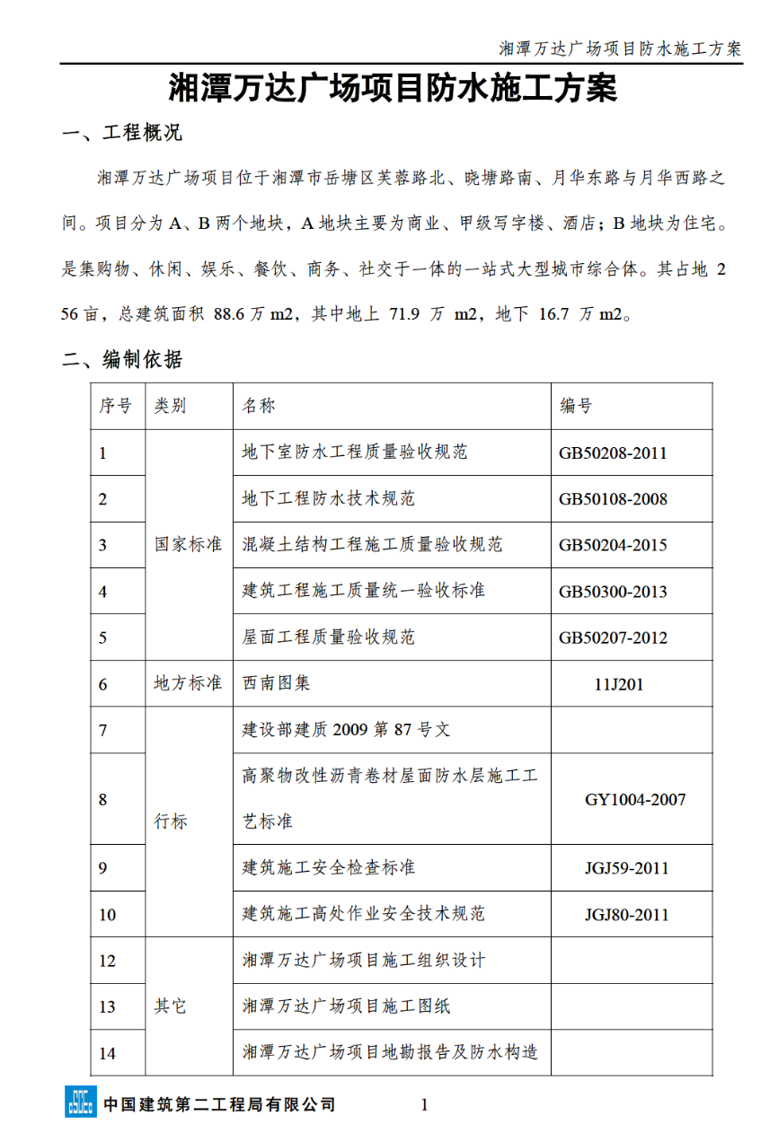 關(guān)于湘潭萬達(dá)廣場項(xiàng)目防水施工方案