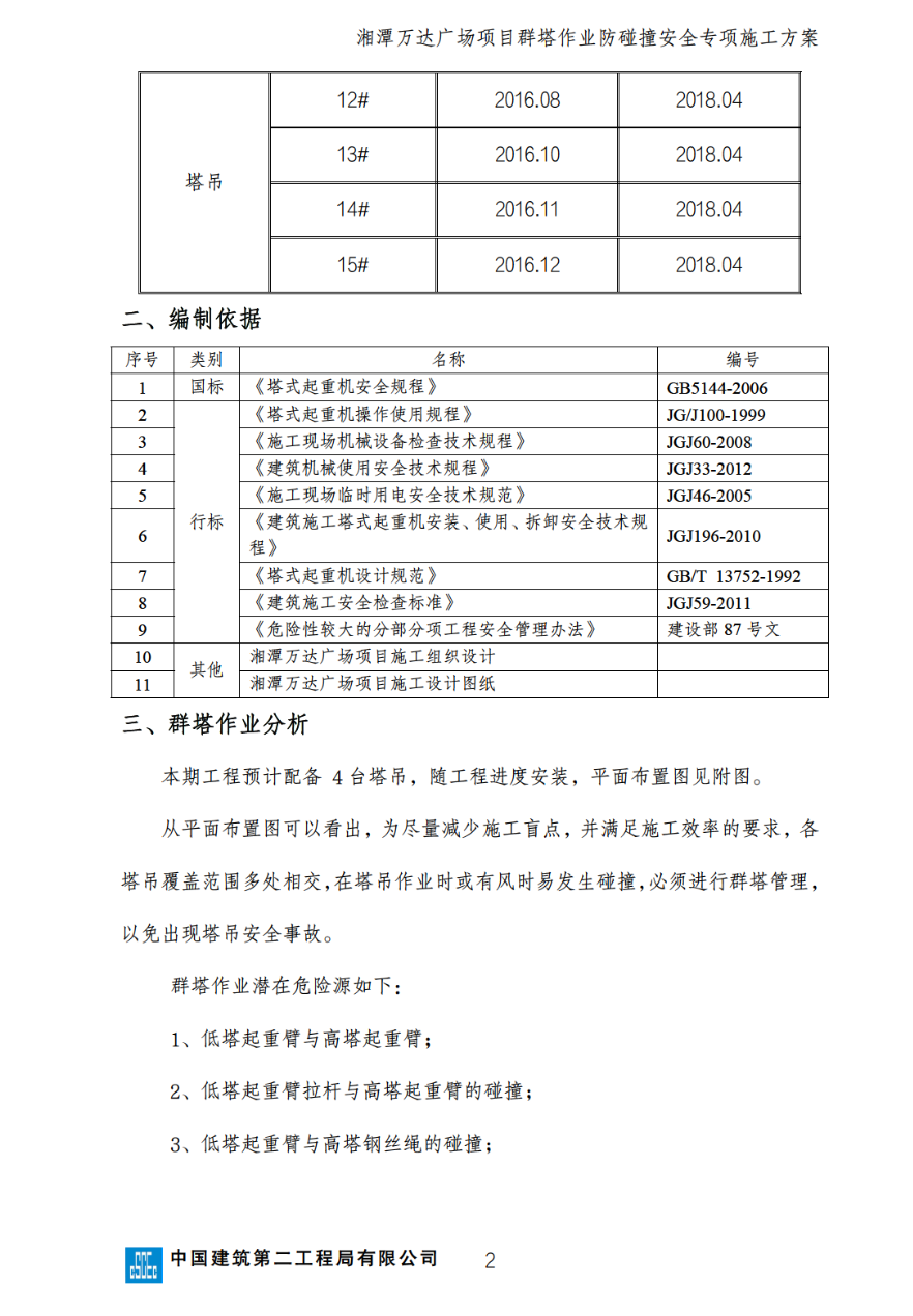 湘潭万达广场项目C组团群塔防碰撞的安全施工方案