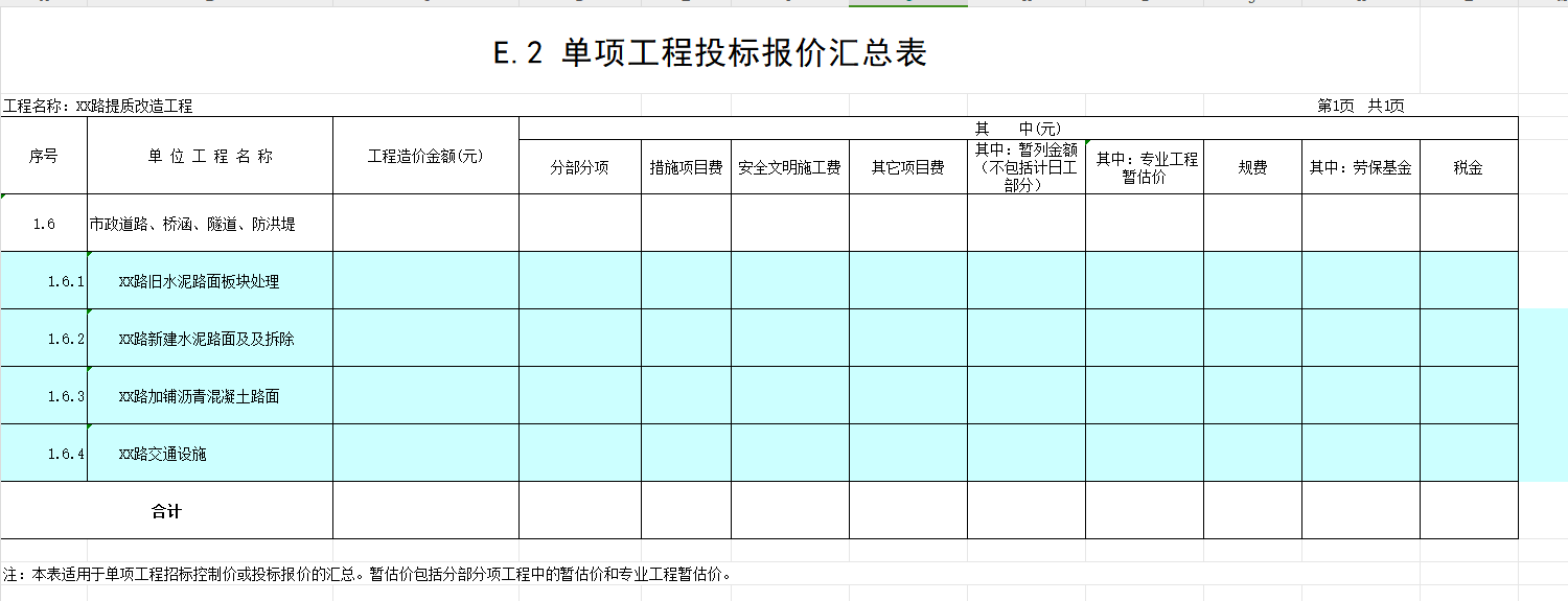 單項(xiàng)工程投標(biāo)報(bào)價(jià)匯總表