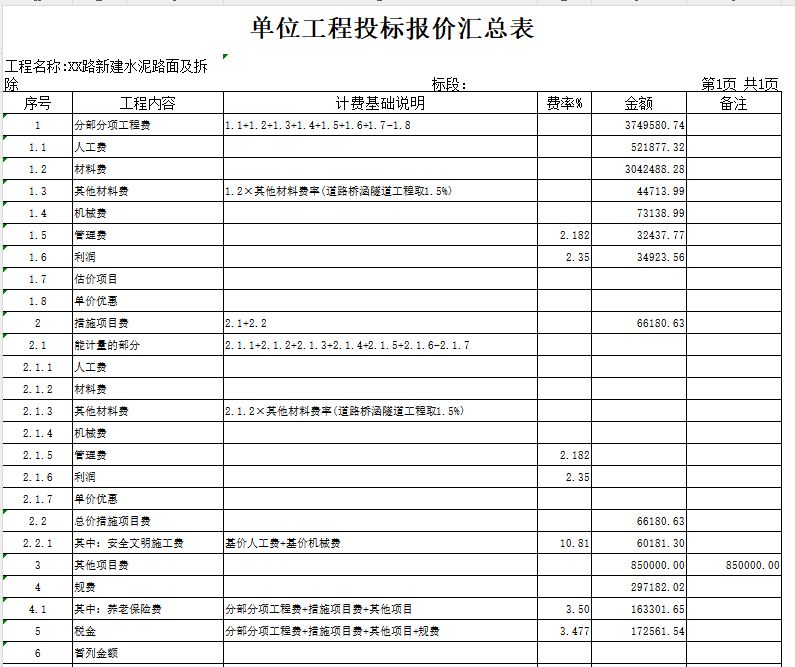 新建水泥路面及拆除綜合單價分析表