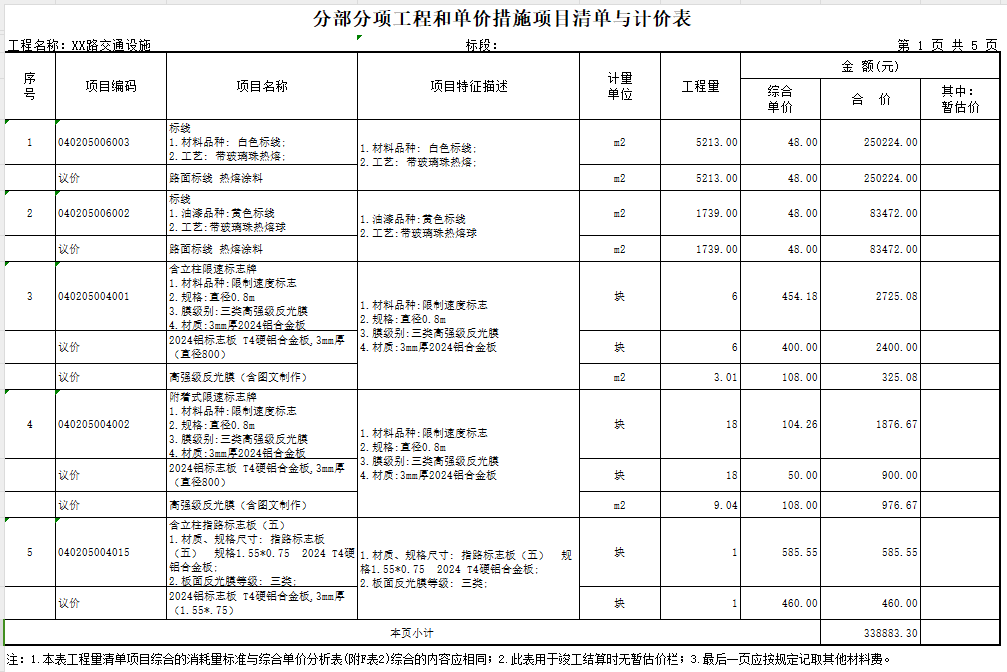 交通設(shè)施綜合單價(jià)分析表