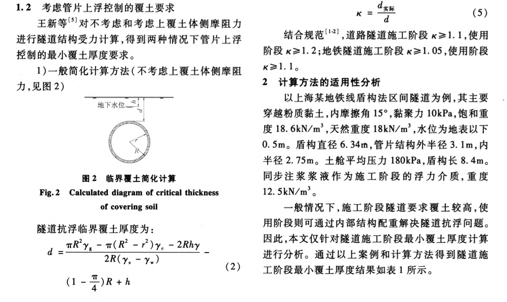 盾構(gòu)隧道最小覆土厚度計(jì)算方法適用性研究