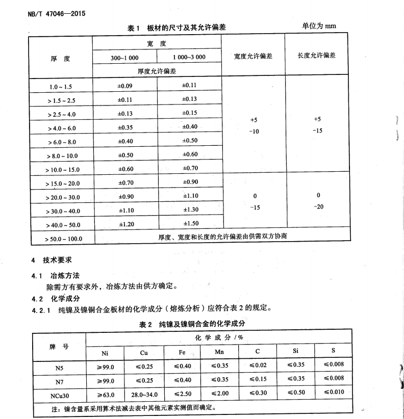 NB/T47046-2015承壓設(shè)備用鎳及鎳合金板