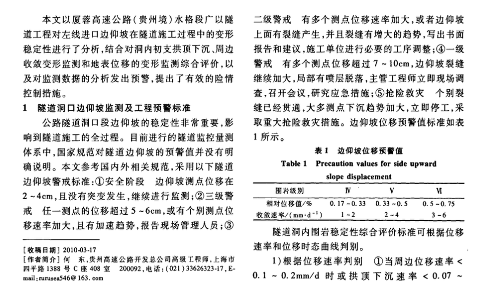 隧道洞口邊仰坡穩(wěn)定性預(yù)警與控制