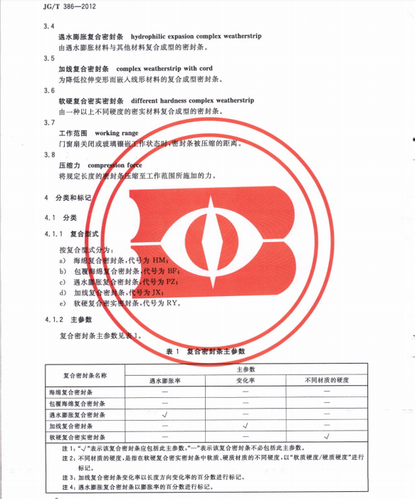 JGT386-2012建筑門窗復合密封條